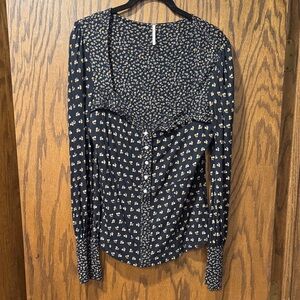 Free People Black Floral Button-Down Long Sleeve Top